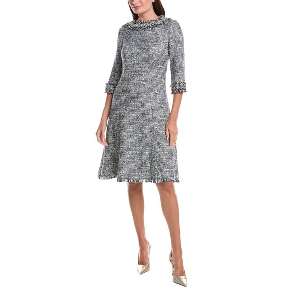 Teri Jon By Rickie Freeman Womens  Tweed Jewel Trim A-Line Dress, Blue